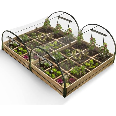 Idmarket – Lot de 2 carrés potager en bois 115x80 cm – 12 compartiments – Housses en PVC avec fenêtres – Renforts en métal pour robustesse