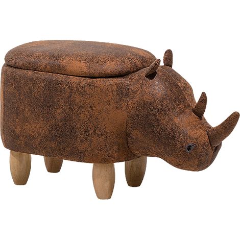 Taburete para niños forma de animal rinoceronte con almacenamiento en piel sintética marrón claro patas de madera para guardería Rhino