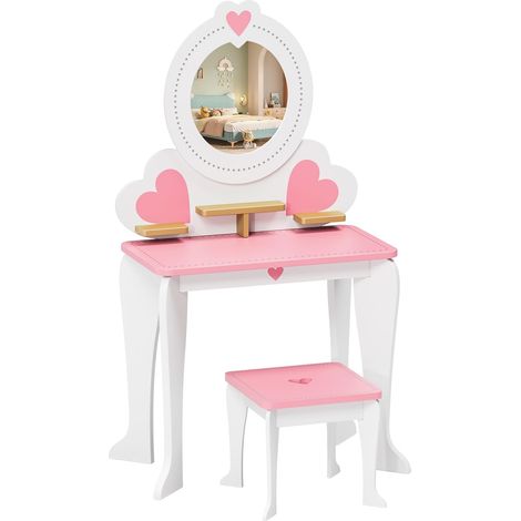 Coiffeuse Enfant avec Miroir et Tabouret, 2 en 1 Coiffeuse pour Fille, 50x33x91cm Table de Maquillage Princesses, avec 4PCS Pieds, Robuste et Stable, Forme de cœur, pour 3+ Ans, Blanc (1/5)
