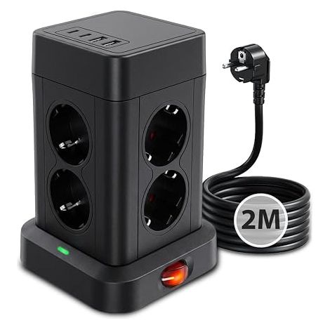 Multiprise avec Interrupteur, Tour Multiprise Prises et USB USB-A USB-C Max Parafoudre et Surtension, Câble à la Maison et au Bureau Noir Prise de Type Allemand