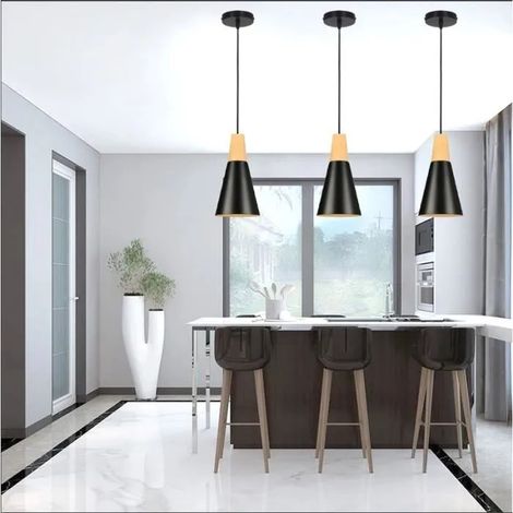 U-do Lot de 3 Lustre Vintage Noir Lampe Suspension Industrielle en Bois Métal Retro Style Edison pour Salon Chambre (1/4)