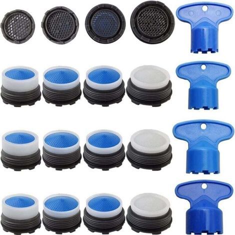 Lot de 16 aérateurs de cache de robinet avec 4 clés de retrait de clé d'aérateur de robinet, ensemble de limiteur de débit pour économie d'eau, pièce de rechange, 16,5 18,5 21,5 24 mm (1/4)