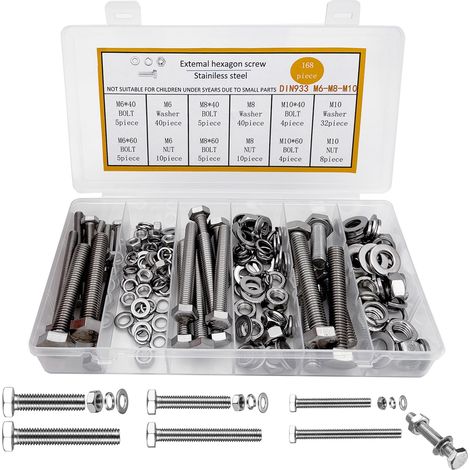 Jeu de Vis Boulons et Écrous, Vis et Ecrou M6 M8 M10 168 PCS Kit, Vis Boulon et Écrous et Rondelles Set, Ensemble de Vis à Tête Hexagonale Extérieure 304, avec Boîte de Rangement (1/5)