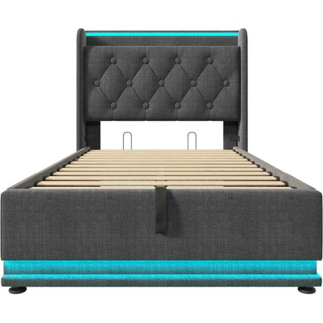 Letto contenitore singolo 90 x 200 cm in lino grigio con LED 360° e USB-C, HOMVRA (1/5)