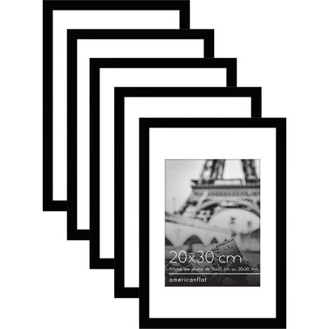 Cadre Photo 20x30 cm Noir - Cadre Photo 15x20 cm avec Passe-Partout ou 30x20 cm sans Passe-Partout - Lot de 5 Cadres avec Matériel de Suspension en Dents (1/5)
