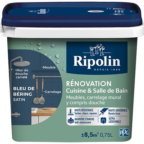 Peinture Rénovation Cuisine et Bain - Satin - 0,75L - Bleu de Béring - Ripolin (1/5)