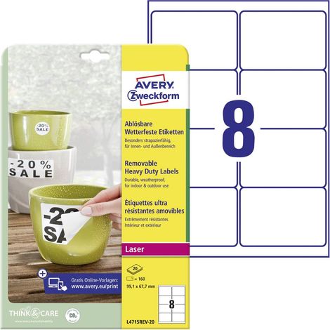 Avery-Zweckform L4715REV-20 Etichetta a pellicola 99.1 x 67.7 mm Pellicola Bianco 160 pz. Staccabile Stampante laser a (1/5)