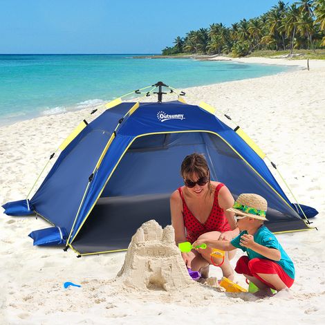 Tente plage escamotable deux personnes fenêtres fibre verre polyester - Dimensions: 220x173x120 cm - Couleur: Bleu, Jaune