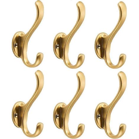 Lot de 6 patères murales doubles robustes en métal doré brossé, style rétro, pour suspendre manteaux, chapeaux, serviettes, clés, peignoirs, écharpes, sacs et casquettes. (1/5)