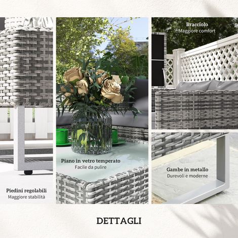Ensemble de jardin 4 éléments : 2 banquettes 2 places, table de salon et table haute en acier et rotin. (1/5)