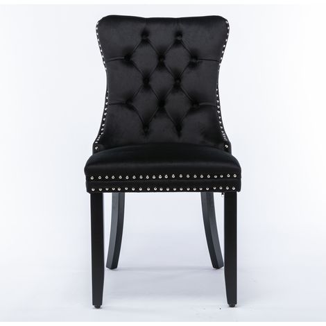 Chaise de salle à manger capitonnée en velours noir avec pieds en bois massif - lot de 2 (1/5)