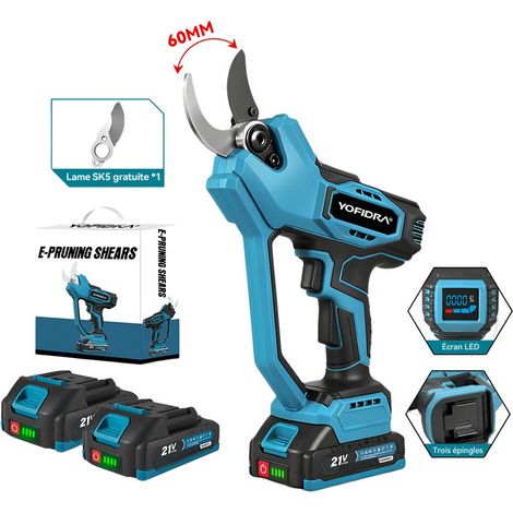 Podadora eléctrica profesional de 45 mm, Podadora inalámbrica, con pantalla y 2 baterías de 2 Ah para jardines, huertos y viñedos