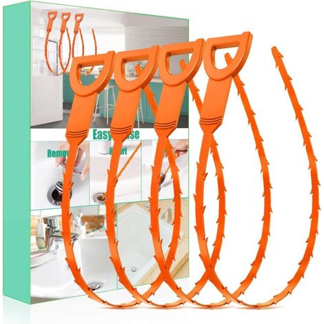 Déboucheur de lavabo Drain Snake, lot de 4 - Un outil de nettoyage pour évacuer l'eau des éviers, douches, baignoires et spas (orange) (1/5)