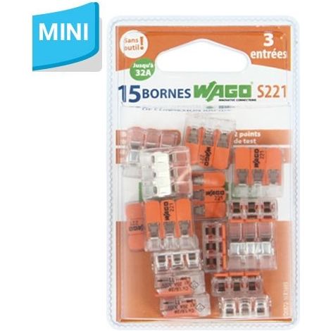 Wago – Mini bornes de connexion rapide 15 entrées pour fils souples et rigides – 40% plus compactes – Raccordement facile – WAG009461
