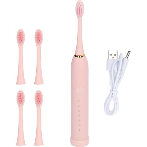 Brosse à dents électrique rose IPX7 étanche, 6 modes rechargeable automatique avec 4 têtes, brossage efficace (1/5)