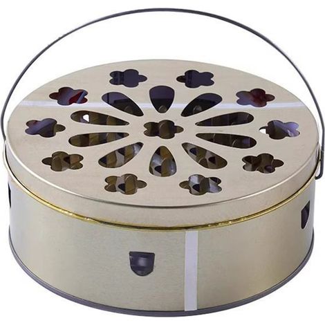 Porte-encens en tôle ignifugée et anti-brûlure, avec couvercle à grille et poignée, pour une utilisation intérieure à domicile. (1/4)