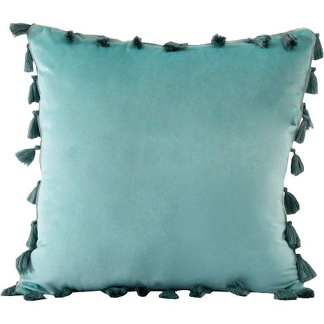 Housse de coussin à pompons style bohème, douce et décorative, carrée, confortable et moderne, pour canapé, lit ou chaise. (1/4)