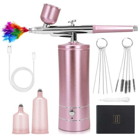 (Rose Gold) Cordless Airbrush Kit with Compressor, Portable Mini Airbrush, Rechargeable Nail Airbrush, Model Painting MUMU (1/4)