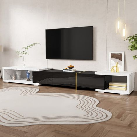 Ausziehbarer und schwenkbarer TV-Schrank 140–260 x 40 x 30 cm – Design in schwarzem Marmor, weiß lackiert und mit goldenen Details – Schwarz und Weiß (1/5)