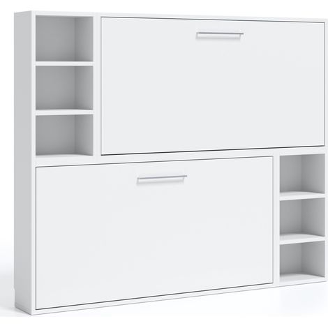Lit escamotable superposé horizontal avec étagères BINKA - renforcé Blanc Sans matelas-90x200-Cadre Blanc-Façade Blanche (1/5)