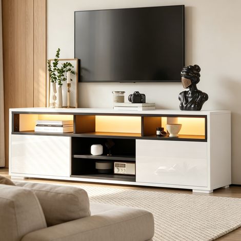TV-Lowboard Hochglanz mit LED 150 x 35 x 50 cm Weiß und Schwarz (1/5)