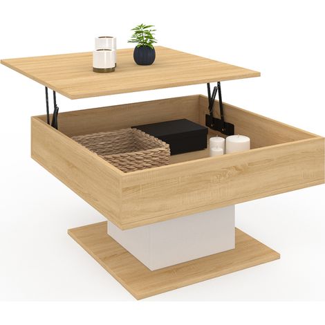 Idmarket – Table basse relevable carrée bois façon hêtre – Système plateau relevable – Rangement intégré – Dimensions 70x70x40/53cm