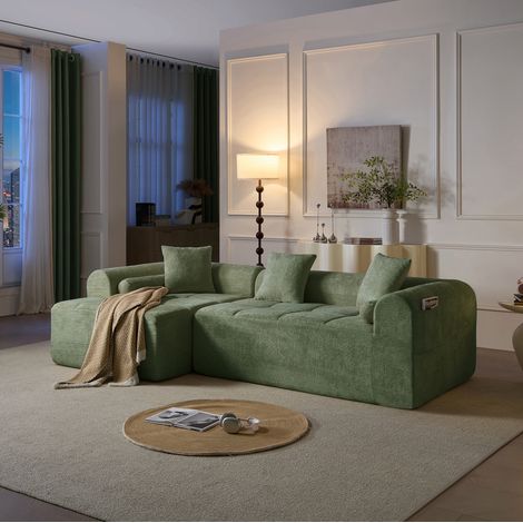 Sofá esquinero verde de chenilla 263 cm con muelles y revistero integrado OKWISH (1/5)