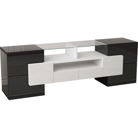 ELVMI Meuble TV avec 6 Portes, 2 Tiroirs et 3 Niches avec LED pour Salon en Panneaux de Particules 145 × 30 × 51 cm Blanc et Noir (1/4)