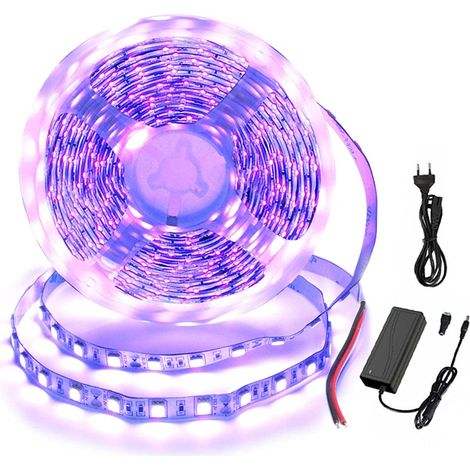 Bande LED 5M à lumière noire UV avec bloc d'alimentation, Ruban LED autocollante 5050 SMD IP20, kit de bande lumineuse UV 300 LED pour la décoration, les fêtes, la cuisine et Noël (1/5)