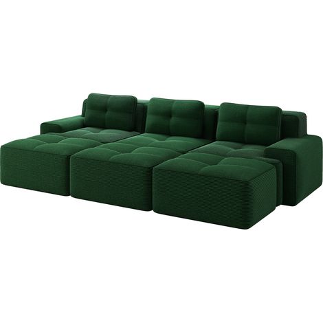 Sofá Modular 3 Plazas, Respaldo Curvo, Asiento Profundo, Pana, Verde, 293 x 177 x 69 cm (1/5)