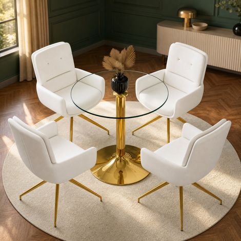 Essgruppe mit rundem Glastisch Ø 85 cm und 4 drehbaren Esszimmerstühlen, Weiß-Gold, OKMYHOME (1/5)