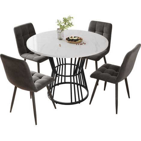 Set da pranzo 5 pezzi con tavolo rotondo 100 cm e 4 sedie in velluto grigio MODENUIT (1/5)