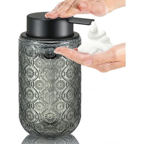 Distributeur de savon moussant en verre gaufré style vintage (gris, 400 ml) — Pompe noire mate — Convient pour le savon des mains dans la salle de bain et la cuisine (1/5)