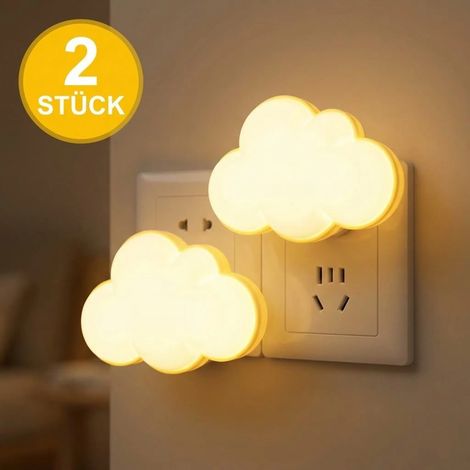 Dos luces nocturnas LED con sensor de luz enchufable, interruptor automático con forma de nube creativa, luz suave para dormitorio, pasillo y baño. (1/5)
