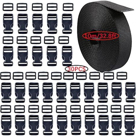 10m Sangle Nylon 25 mm avec 30Pcs Boucles en Plastiques, Boucle Plastique Noir Clip Fermoir pour Sangle, Accessoires de Sac à Dos, Tente, Sac à Dos Enfant, Collier de Chien, 30Pcs Curseur (1/5)