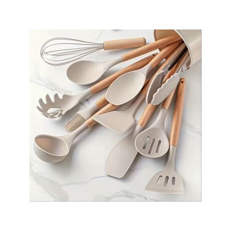 Juego de 12 utensilios de cocina de silicona, color caqui. (1/2)