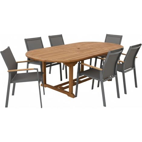 AXI Marzi/Alva Ensemble de jardin, 7 pièces - 6 personnes  Table de jardin en teck avec plateau ovale extensible  Avec 6 chaises de jardin à structure en aluminium et assise en toile  Pour l'extérieur