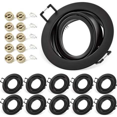 Recessed Spotlights GU10 Set, Pack of 10 Recessed LED Spotlight Frames 68 mm with GU10 Socket, Black Round Ceiling Spotlights, Adjustable 30° AC 230V, for LED Lamps or Halogen Lamps (1/5)