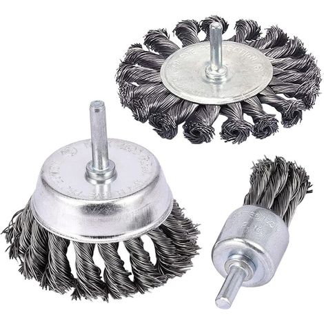 Ensemble de 3 brosses métalliques nouées avec manches de 1/4", brosses à extrémités coudées de 3" et 1" pour éliminer la rouille (1/5)