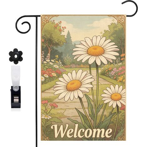 Drapeau de jardin bienvenue 30 x 45 cm motif classique toile double face pour décoration extérieure maison (1/5)