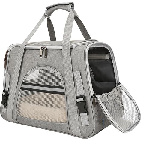 Sac Transport Chat, 44x25x30cm Caisse de Transport Chat Respirant et Pliable, Sac Transport Chat Chien avec Bandoulière Réglable, Sac de Voyage pour Animaux pour Petite et Moyenne Animaux (Gris) (1/5)
