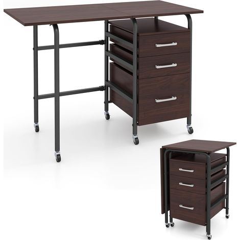 COSTWAY Bureau Pliable avec 3 Tiroirs, Table d'Écriture Roues Verrouillables, Bureau à Domicile Roulant avec Cadre en Métal, Compact pour Dortoir, Appartement (Marron) (1/5)