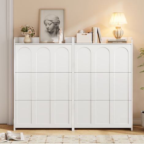 Schuhschrank (140x25x120 cm), mit 6 Klapptüren, viel Stauraum, Schublade, MDF, Weiß (1/5)
