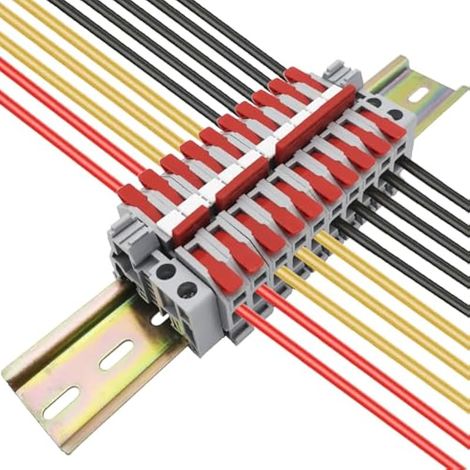 Bornier Electrique, Kit de Bornier de Rail DIN, 10 pcs Bornier (rouge), Avec Bande de Repérage, Bande de Connexion (2/3/4/5 Pin) et Module Fixe (1/5)