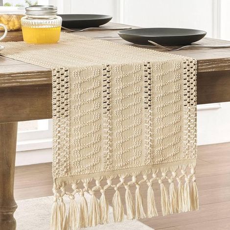 Chemin de table bohème en mélange coton-lin-polyester et lin, 30 x 200 cm. Chemin de table rustique de style champêtre avec décor tissé. (1/5)