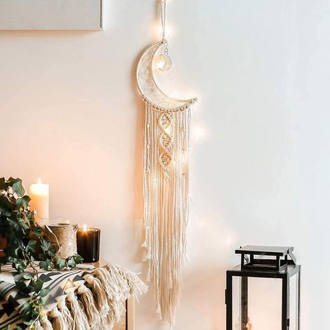 Attrape-rêves Lune en macramé tissé - Décoration murale bohème chic pour la maison, la chambre d'un appartement ou d'une résidence étudiante (Lune) (1/5)