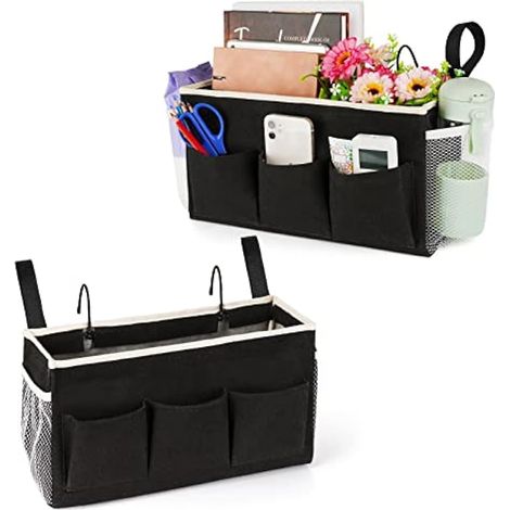 Lilithye Lot de 2 organiseurs de chevet avec sangles fixes et porte-bouteille d'eau pour maison, université, dortoir, lit superposé d'hôpital, lit de berceau (noir) (1/5)