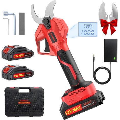 Sécateur Électrique Sans Fil, Coupe Jusqu'à 50 mm, Moteur Brushless 700 W, 2 Batteries 21 V 2.0 Ah, Écran LCD, Lames SK7, Sécateur à Batterie pour Arbres Fruitiers, Jardin, Vigne (1/5)