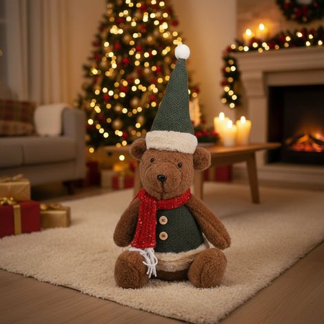 Orso decorativo seduto in poliestere con abbigliamento natalizio per decorazione natalizia -Cappello rosso (1/4)