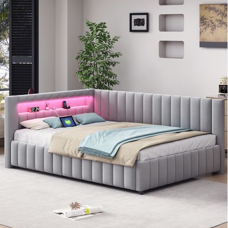 Letto imbottito a L 140x200 cm in velluto grigio con testiera, schienale, rete a doghe, LED e porta USB (1/5)